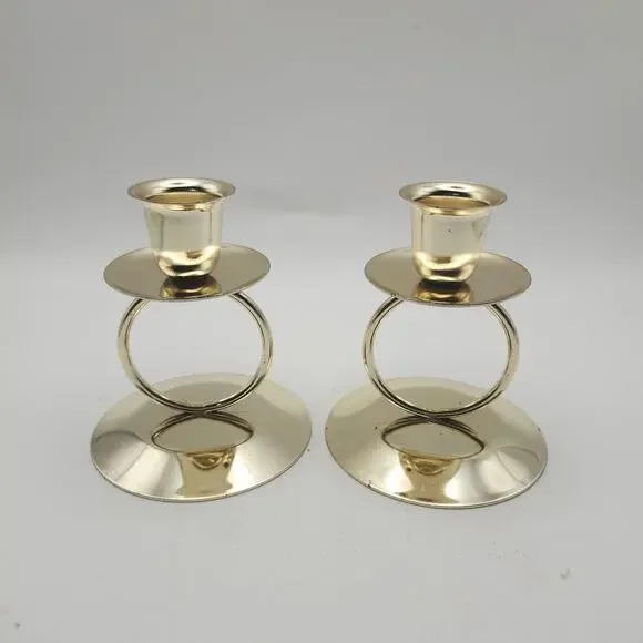 Gold Tone Metal Ring Taper Candle Holders Pair Modern Minimalist Round Base - Picture 1 of 8